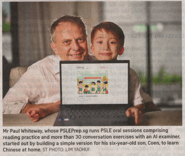 The Straits Times clipping showing Paul Whiteway, his son Coen, and PSLEPrep.sg.
